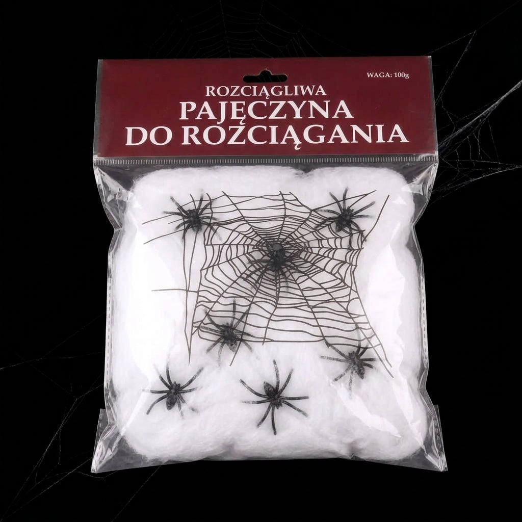 **Pajęczyna Halloween z Pająkami – Elastyczna Dekoracja Horror**