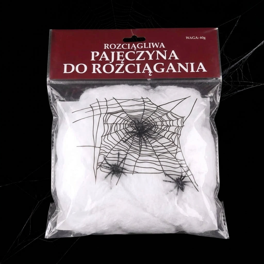 **Pajęczyna Halloween z Pająkami – Elastyczna Dekoracja Horror**
