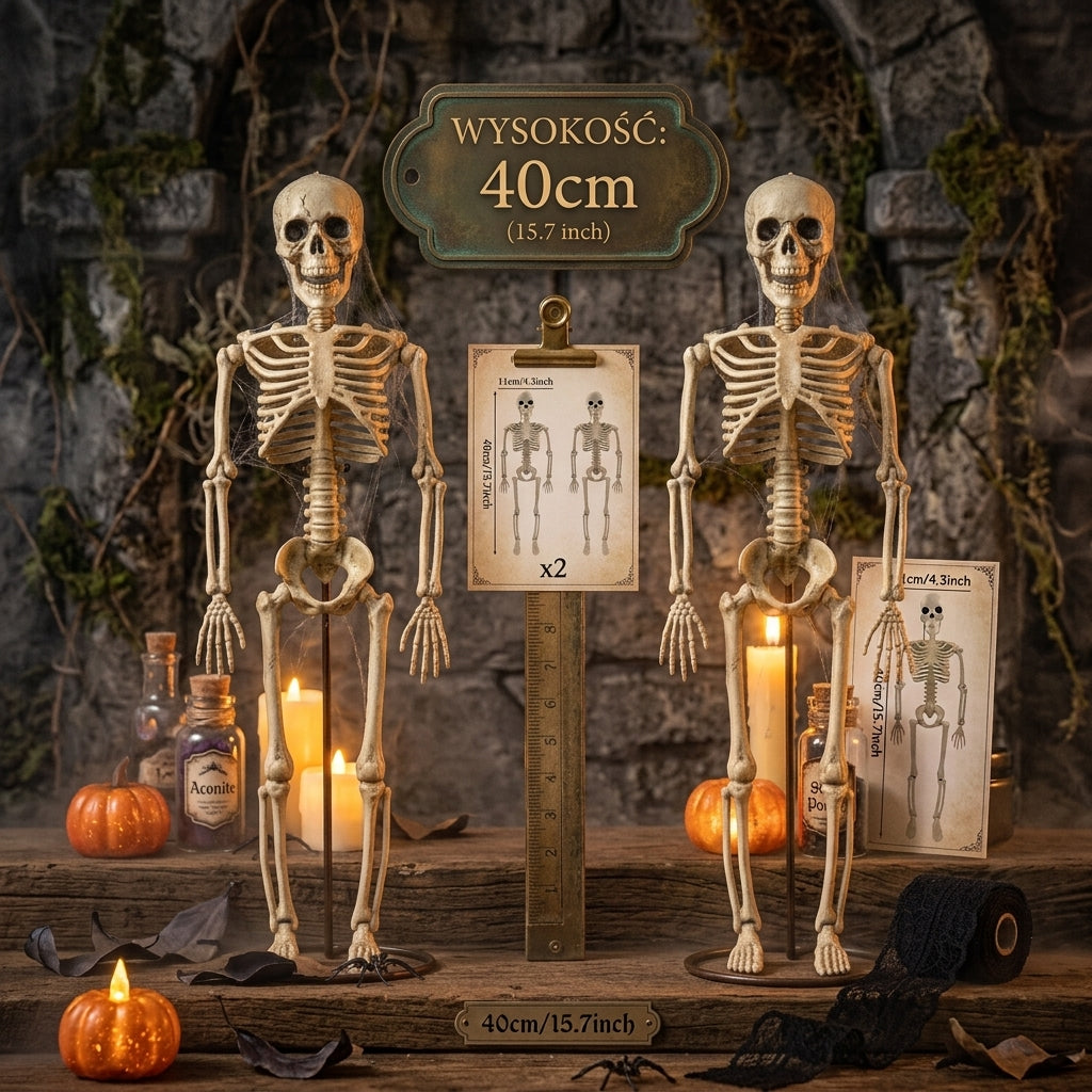 Ruchomy Szkielet Halloween 40 cm – Dekoracja Horror, Czaszka, Straszny Rekwizyt do Domu i Nawiedzonego Domu