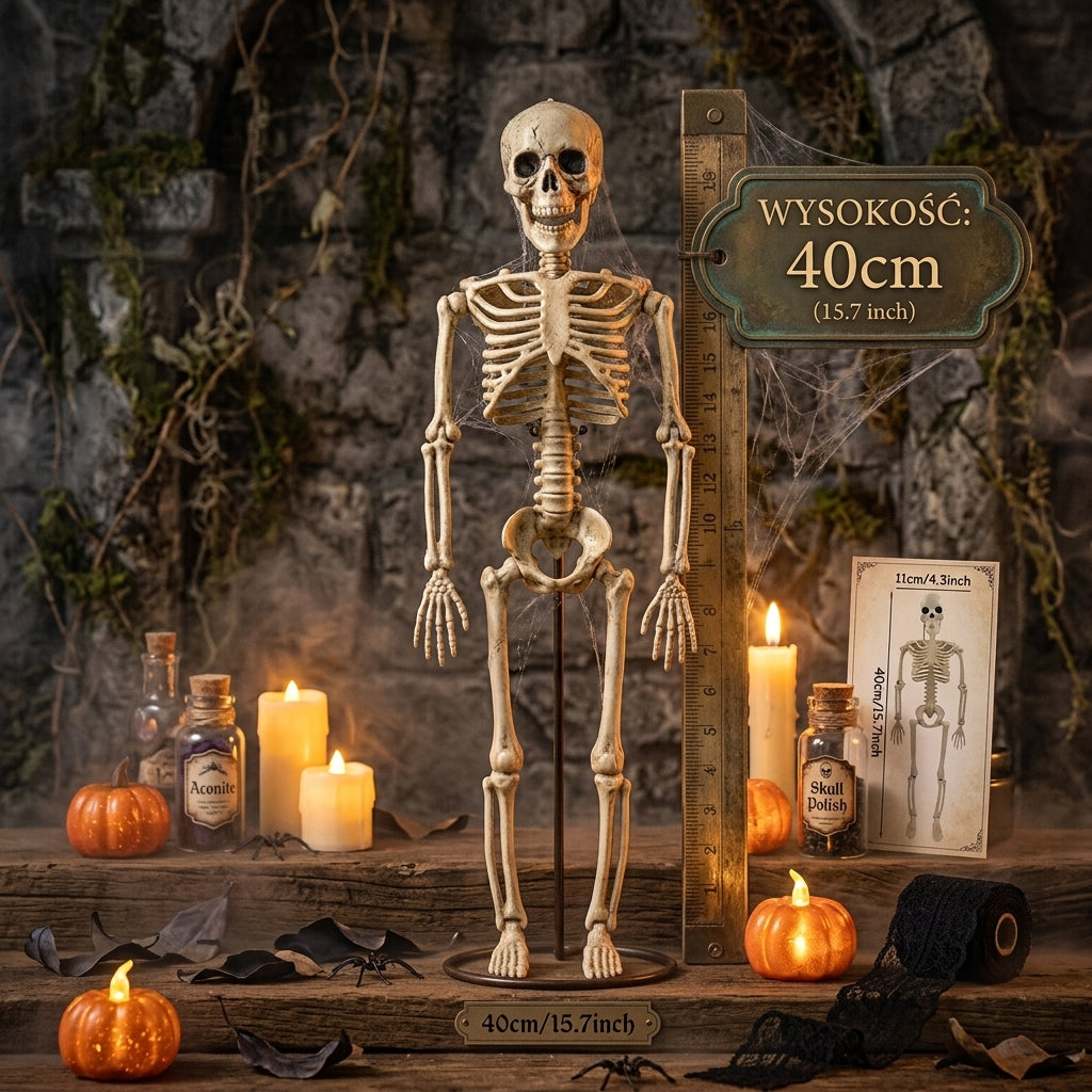 Ruchomy Szkielet Halloween 40 cm – Dekoracja Horror, Czaszka, Straszny Rekwizyt do Domu i Nawiedzonego Domu