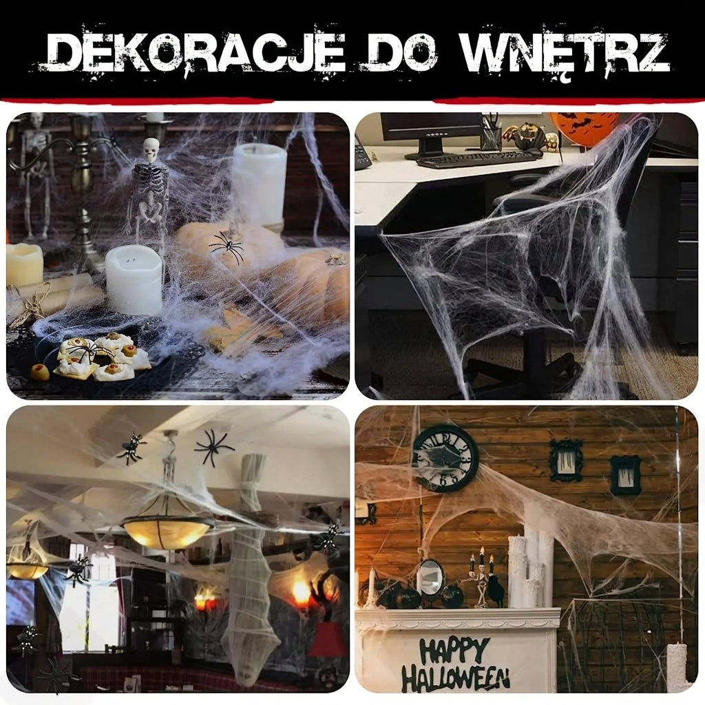**Pajęczyna Halloween z Pająkami – Elastyczna Dekoracja Horror**